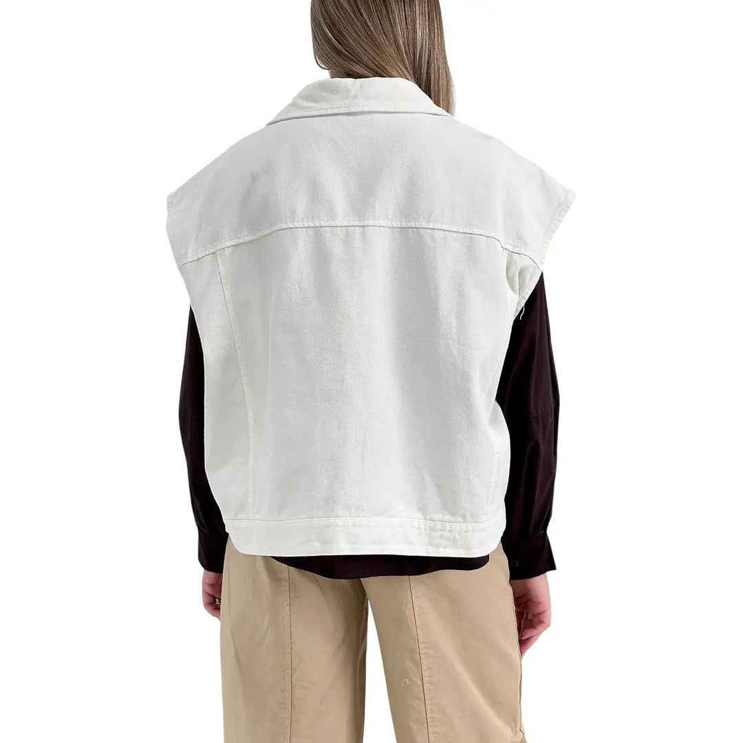 Bassini Gilet Donna Avorio Oversize in Cotone con Tasche Anteriori con Patta e Bottoni Metallici