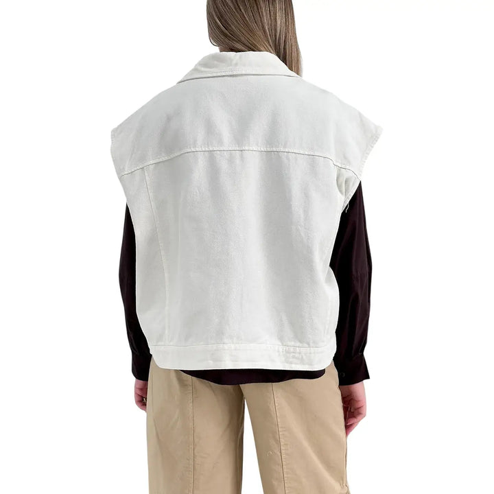 Bassini Gilet Donna Avorio Oversize in Cotone con Tasche Anteriori con Patta e Bottoni Metallici