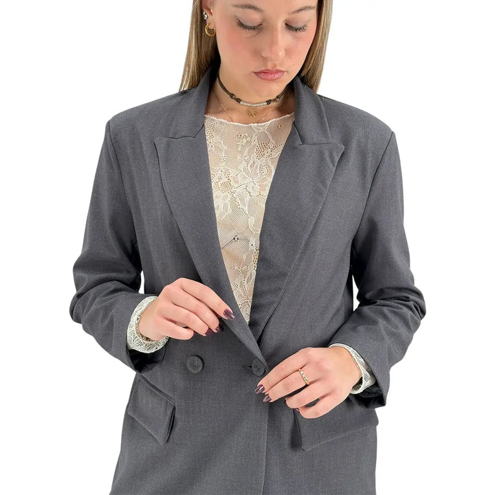 Bassini Giacca Donna Grigia Doppiopetto Taglio Uomo Oversize con Tasche con Patta