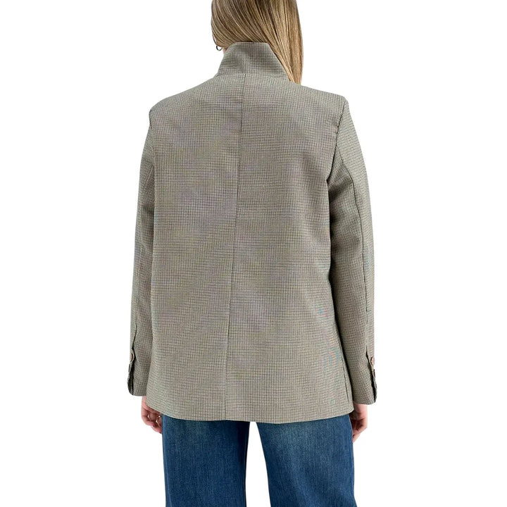 Bassini Giacca Donna Beige Pied de Poule con Chiusura Asimmetrica a Un Bottone e Tasche con Patta