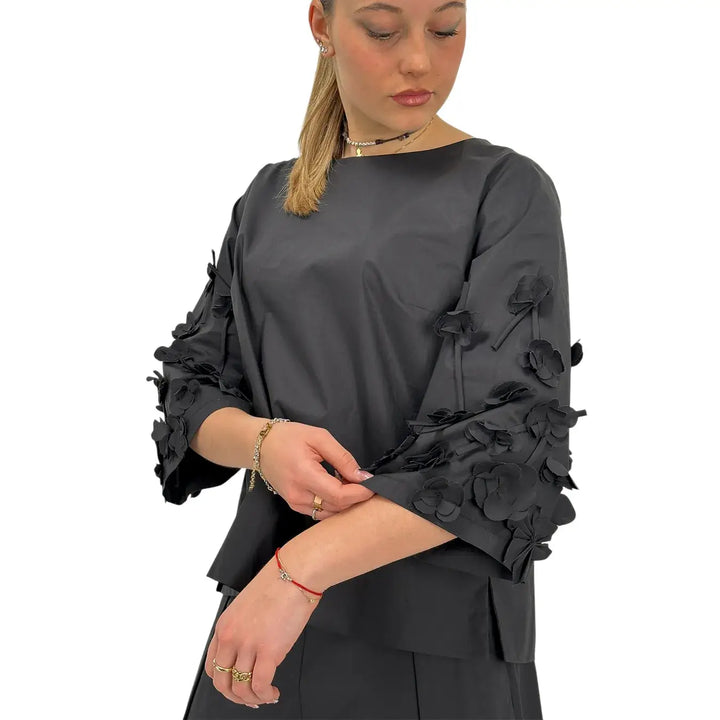 Meimeij, Blusa, Donna, Ricamo, Nero