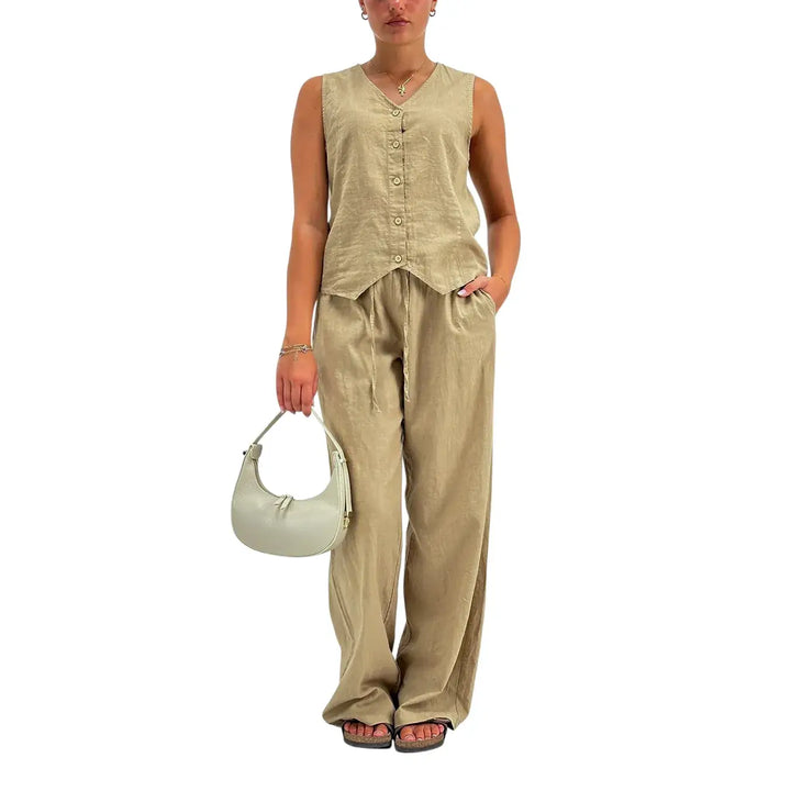 Bassini Pantaloni Donna Fango Palazzo in Lino e Cotone con Coulisse in Vita