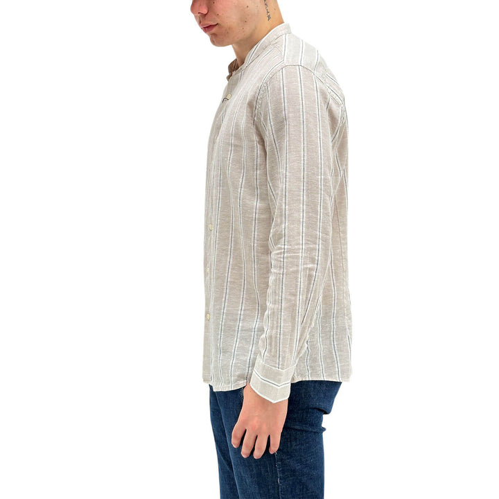 MarKup Camicia Uomo, Collo Alla Coreana, Misto Lino, Avorio