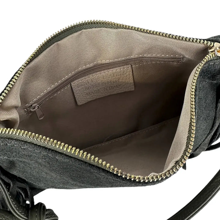 Bassini Borsa Donna in Pelle Scamosciata con Frange Laterali e Tracolle Intercambiabili Bosco