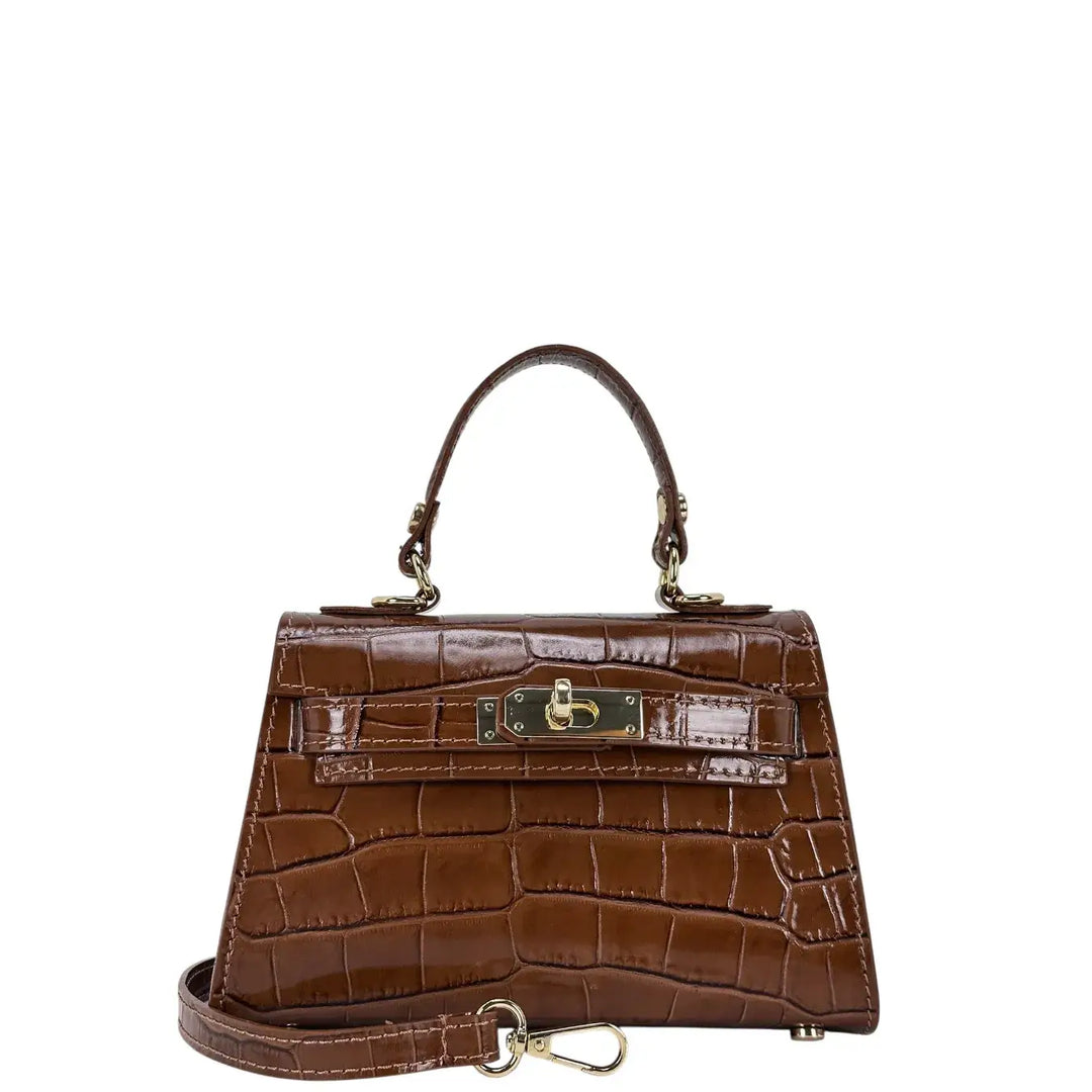 Bassini Borsa Donna Piccola in Pelle Cognac Stampa Cocco con Maniglia Centrale e Tracolla Rimovibile