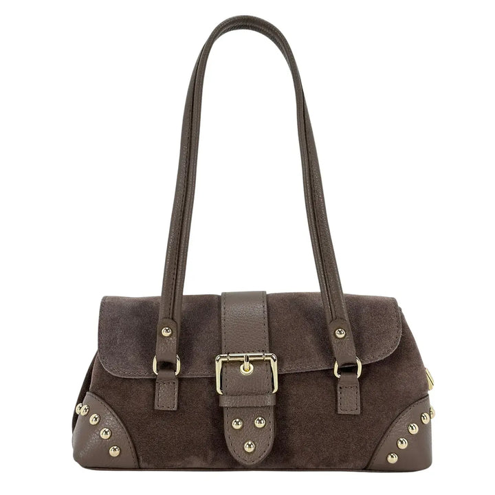 Bassini Borsa Donna in Pelle Scamosciata Taupe con Borchie Oro, Patta con Fibbia Magnetica e Tracolla Rimovibile