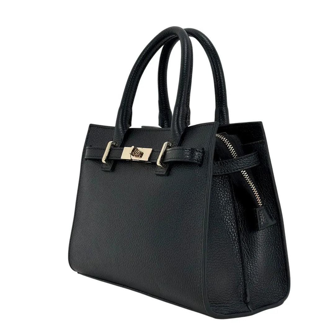 Bassini Borsa Donna in Pelle Nera con Doppi Manici, Tracolla Rimovibile e Chiusura con Zip