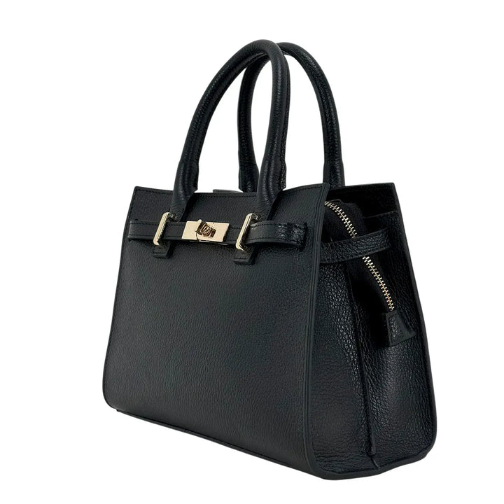 Bassini Borsa Donna in Pelle Nera con Doppi Manici, Tracolla Rimovibile e Chiusura con Zip