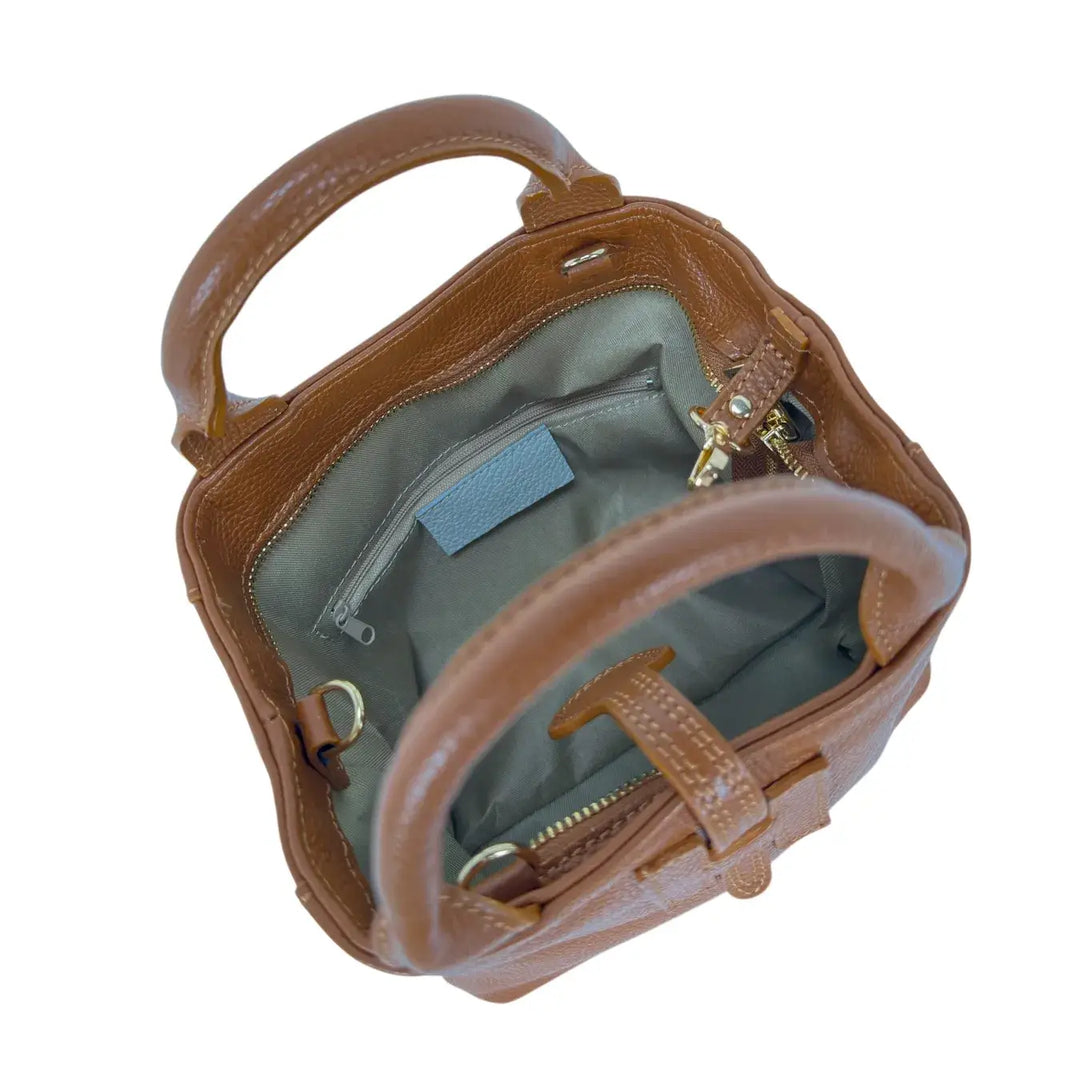 Bassini Borsa Donna in Pelle Cognac con Due Manici Tracolla Rimovibile e Chiusura H Magnetica