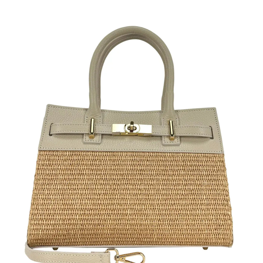 Bassini Borsa Donna in Raffia e Pelle Avorio con Due Manici Tracolla Rimovibile e Girello