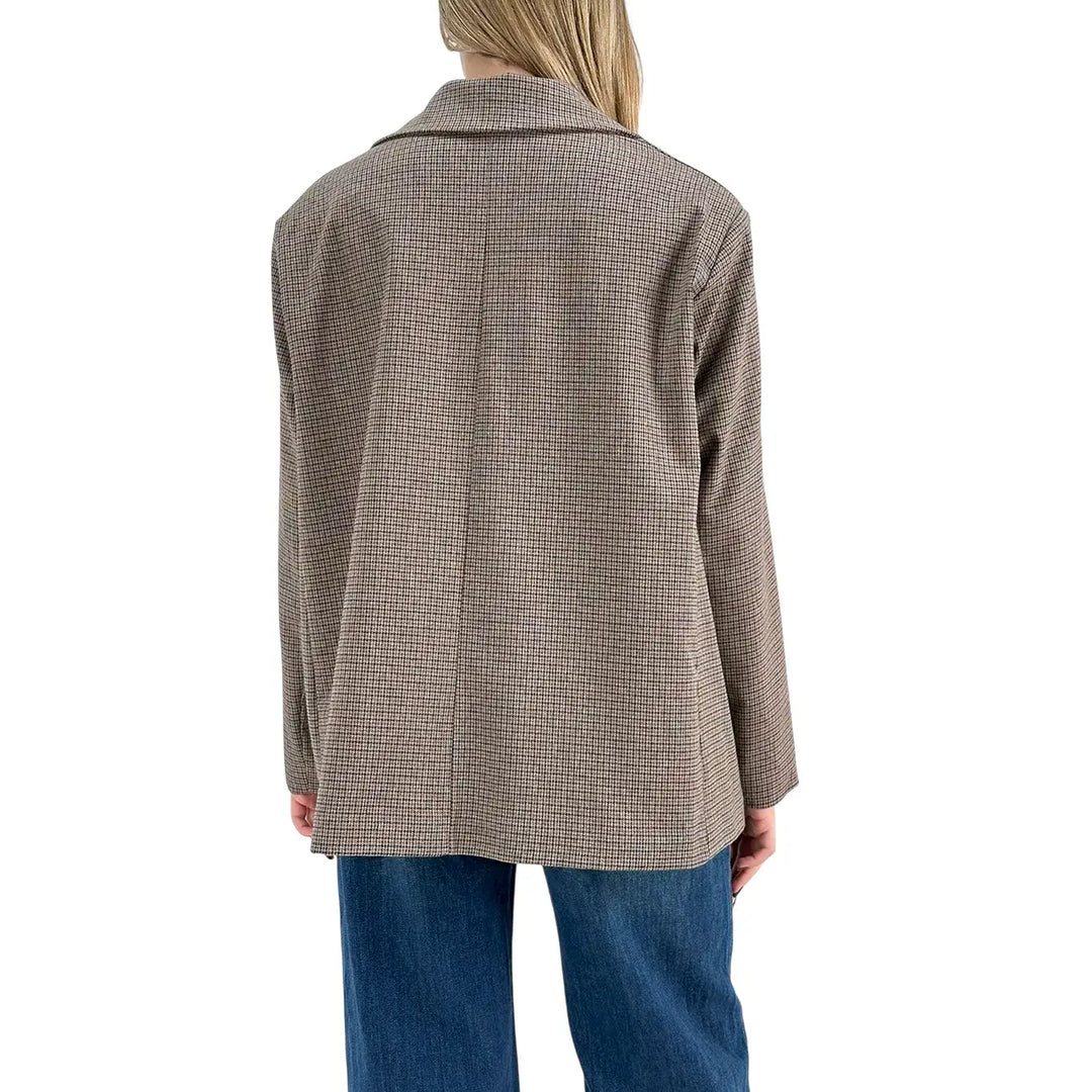 Bassini Giacca Donna Marrone Principe di Galles Monopetto Taglio Uomo Oversize con Tasche con Patta