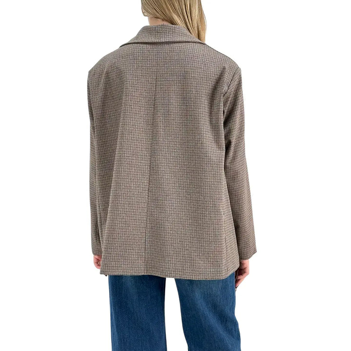Bassini Giacca Donna Marrone Principe di Galles Monopetto Taglio Uomo Oversize con Tasche con Patta