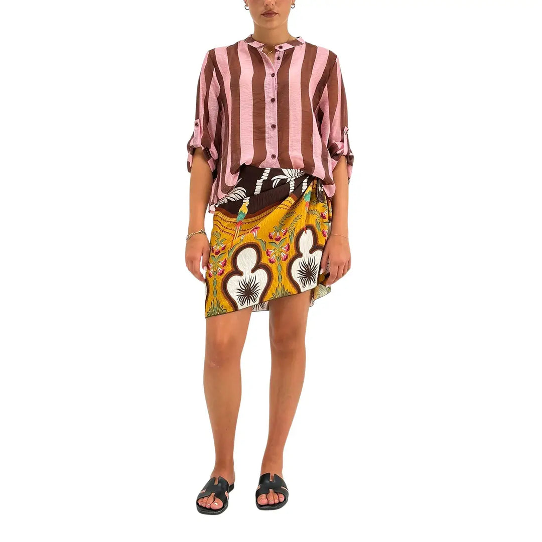 Bassini Camicia Donna Marrone e Rosa a Righe Larghe con Collo Coreano e Maniche Tre Quarti