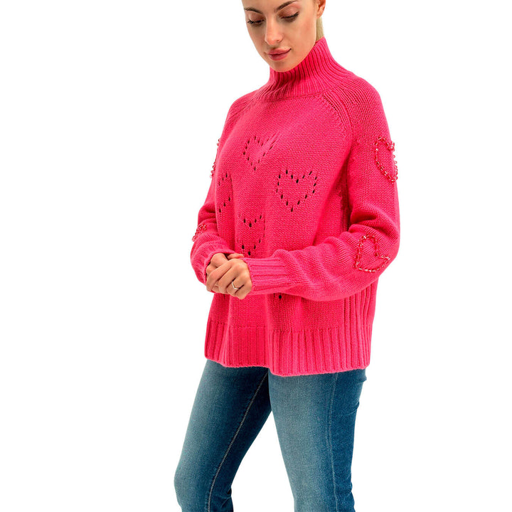 Mc2 Saint Barth Meghan Women's Sweater, Perforated Hearts, Wool, Fuchsia