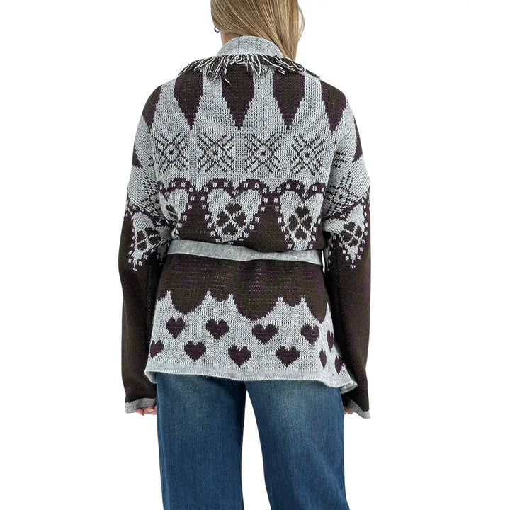 Bassini Cardigan Donna Aperto con Cintura Moro e Grigio con Ricamo Cuori e Bordi Sfrangiati