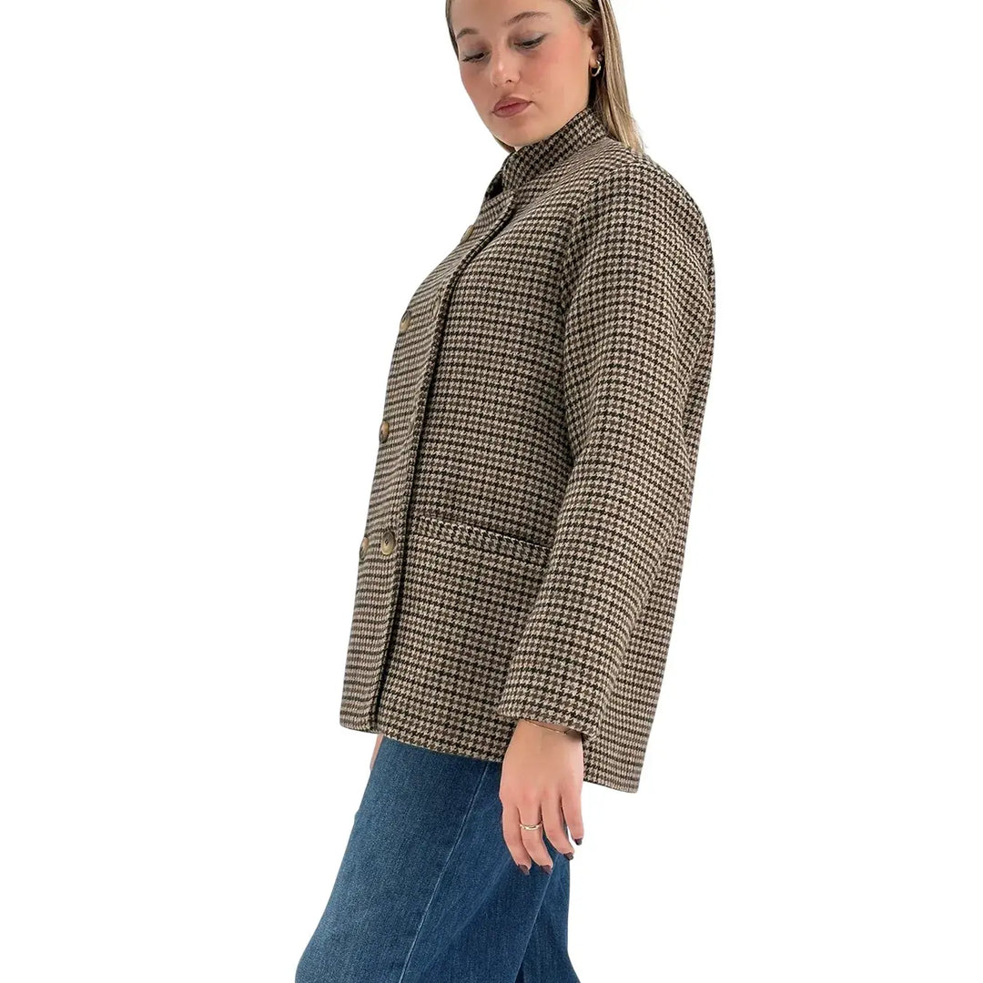 Bassini Caban Donna Beige e Marrone Pied de Poule con Collo alla Coreana