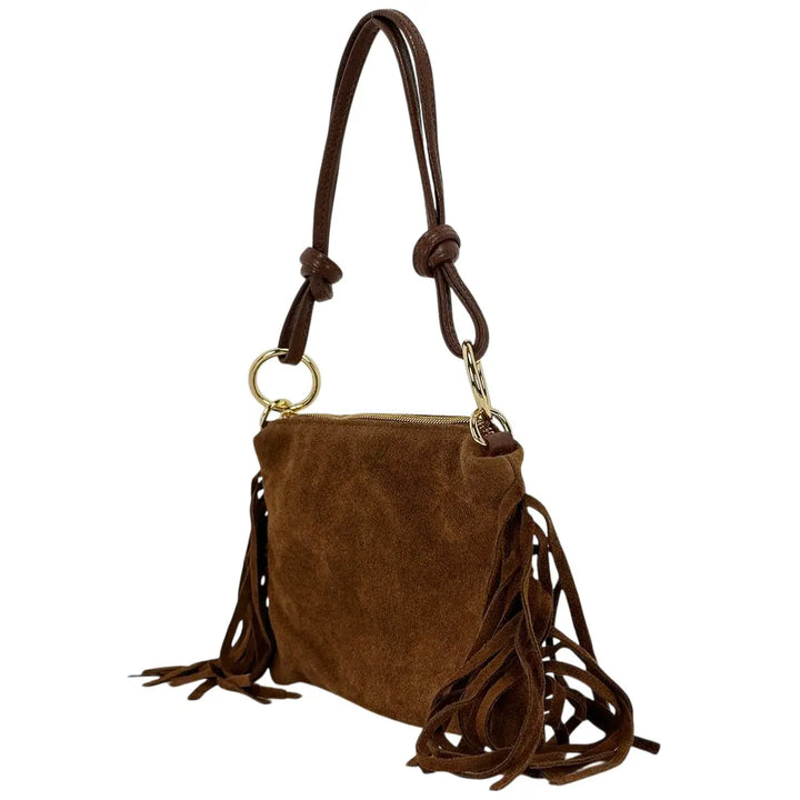 Bassini Borsa Donna in Pelle Scamosciata Cognac con Frange Laterali e Tracolla Intercambiabile
