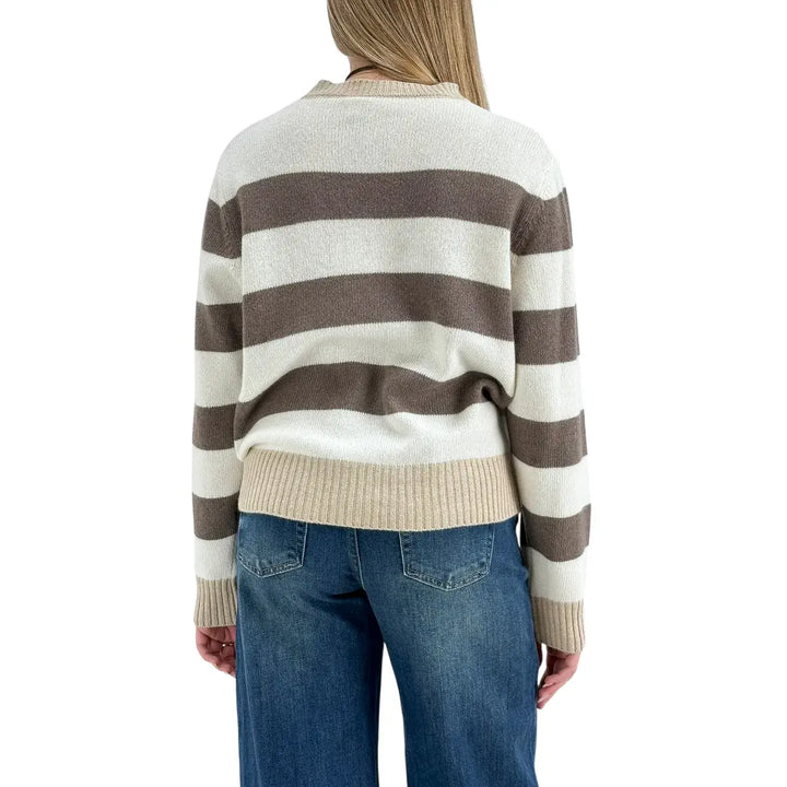 Bassini Maglia Donna Marrone e Avorio a Righe Girocollo con Coste Cammello e Vestibilità Regolare