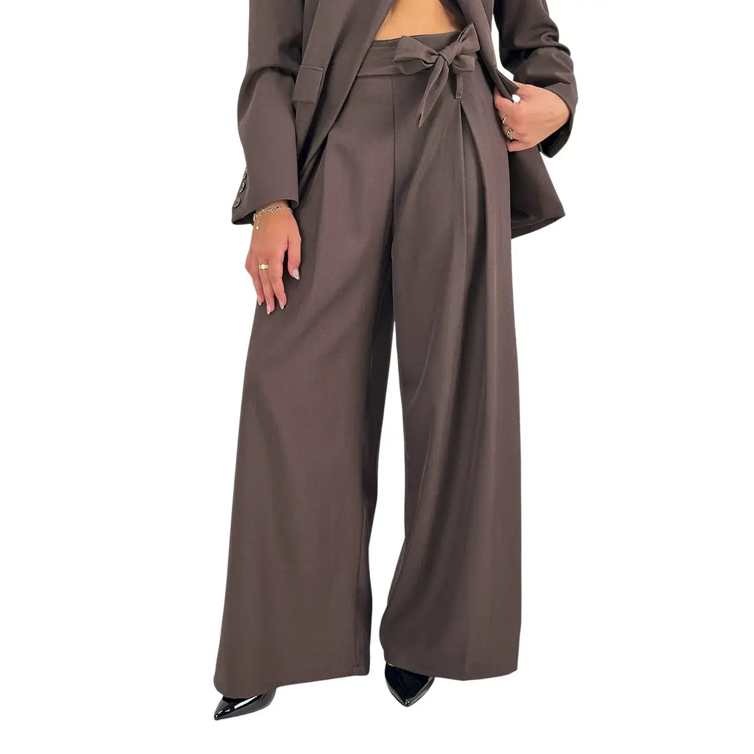 Bassini Pantaloni Donna Palazzo Cioccolato Oversize in Tessuto Morbido Effetto Raso con Cintura a Fiocco
