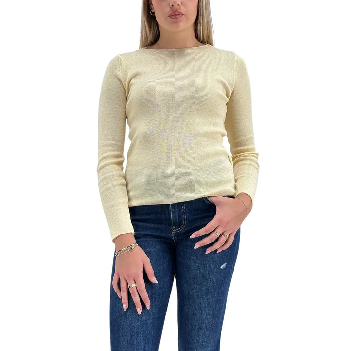 Bassini Maglia Donna Ecrù a Micro Costine con Girocollo e Maniche Lunghe