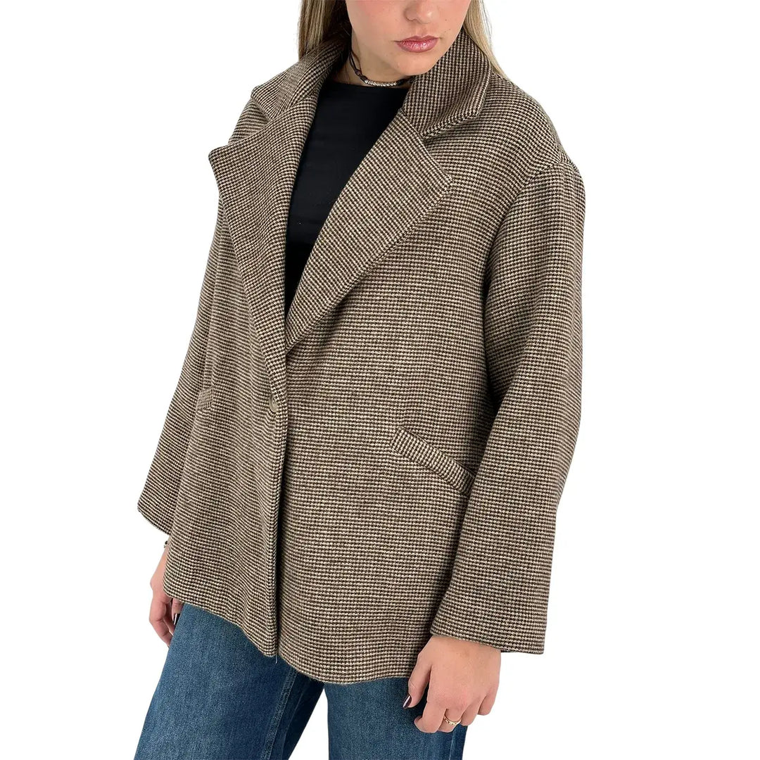 Bassini Cappottino Donna Corto Beige e Marrone Micro Pied de Poule Oversize con Un Bottone