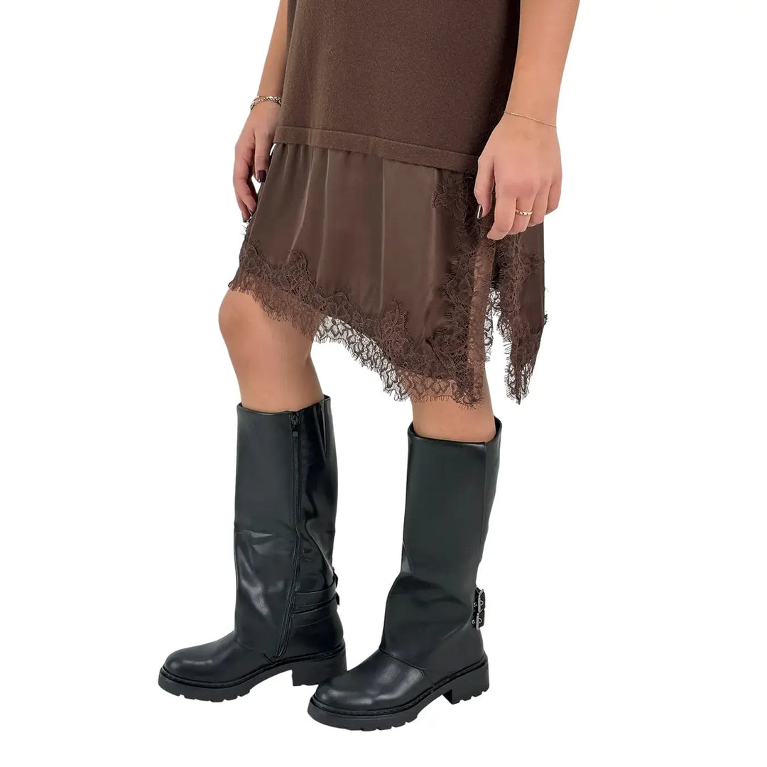 Bassini Abito Donna Cioccolato in Maglia con Balza in Raso e Pizzo e Spacchi Laterali