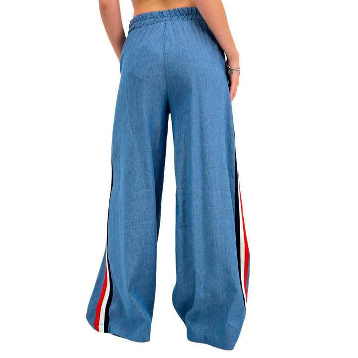 Motel Women's Trousers, Long, Side Stripe, Mixed Fabric, Denim