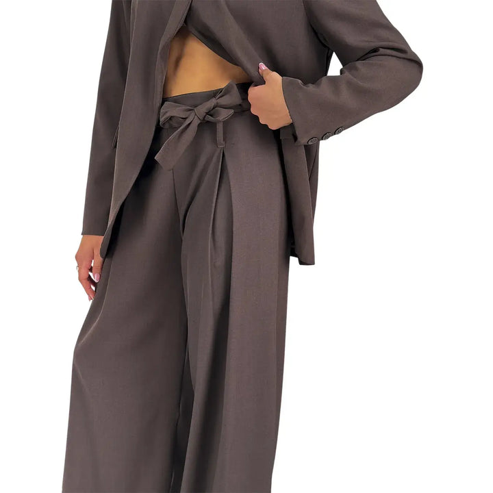 Bassini Pantaloni Donna Palazzo Cioccolato Oversize in Tessuto Morbido Effetto Raso con Cintura a Fiocco