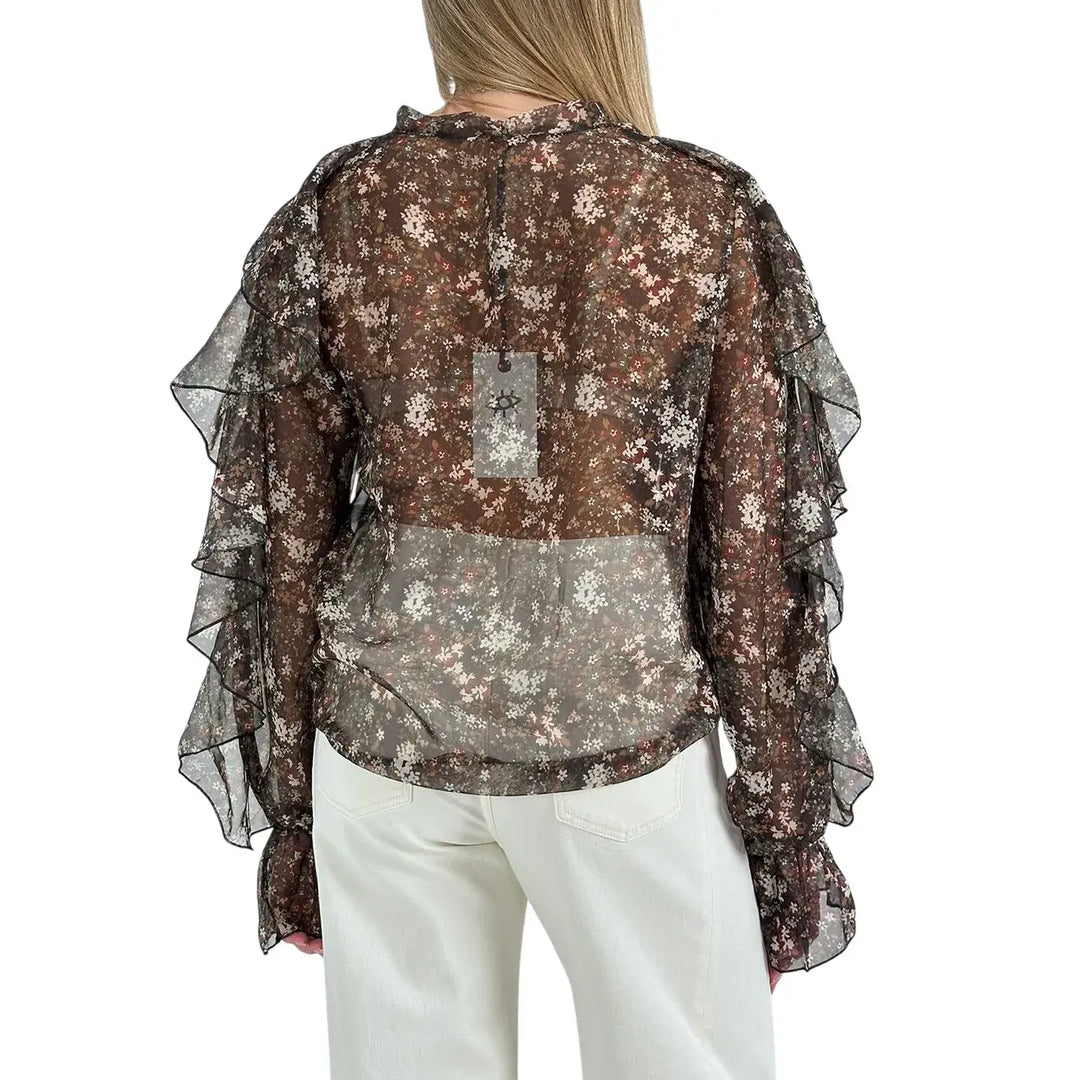 Bassini Camicia Donna Floreale Moro con Scollo V e Ruches su Maniche e Spalle