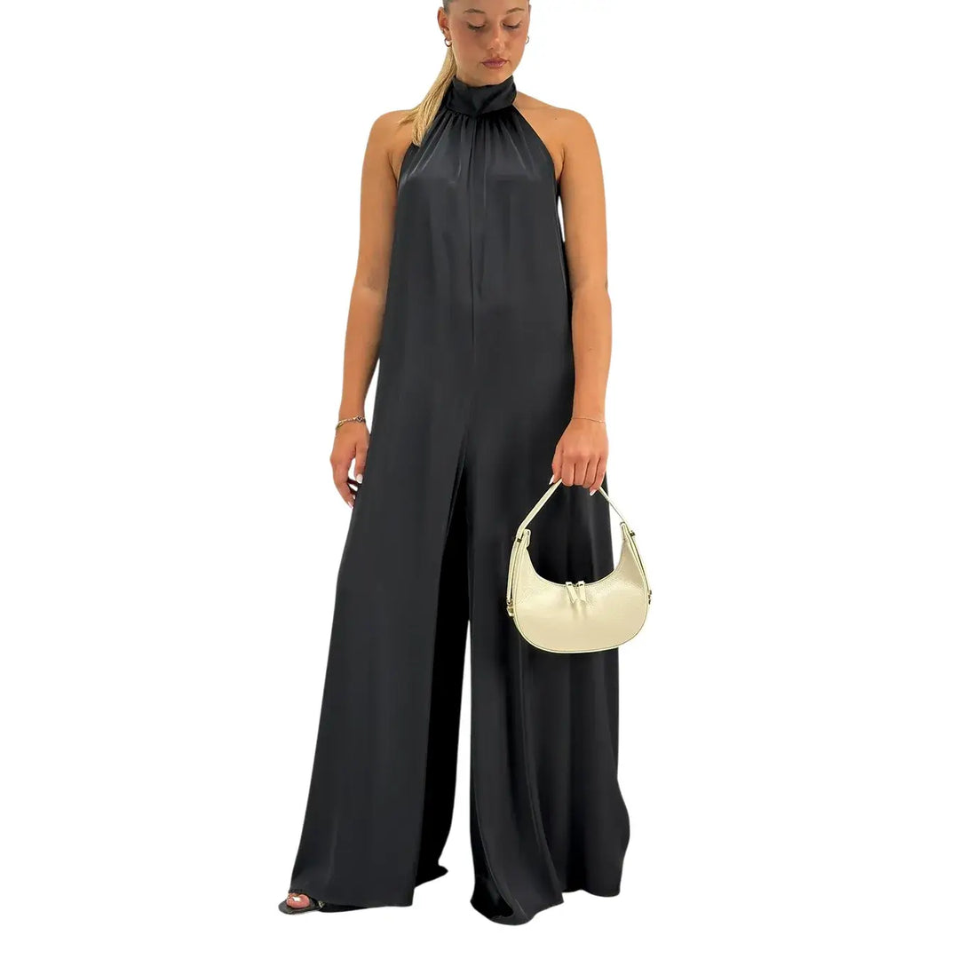 Bassini Tuta Donna Nera Elegante con Collo Americano, Fiocco sul Retro e Gamba Larga
