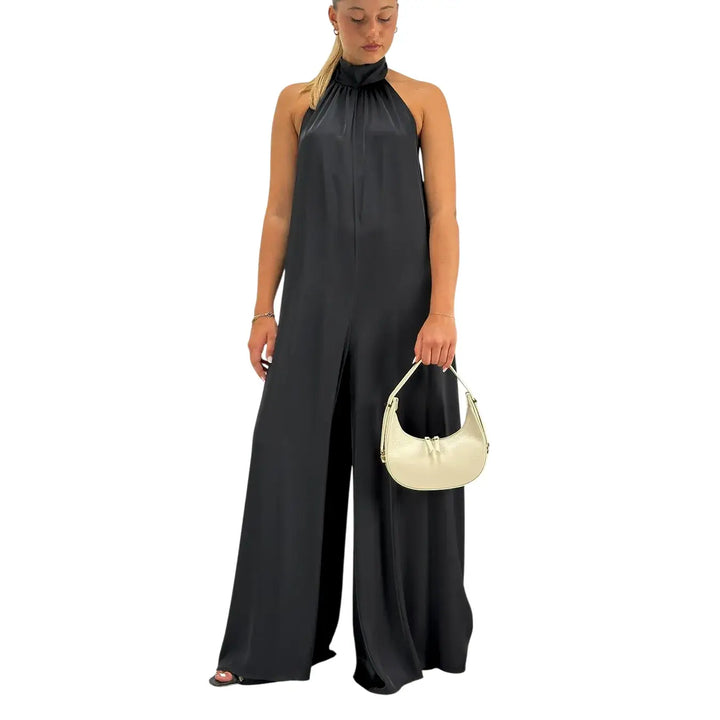 Bassini Tuta Donna Nera Elegante con Collo Americano, Fiocco sul Retro e Gamba Larga