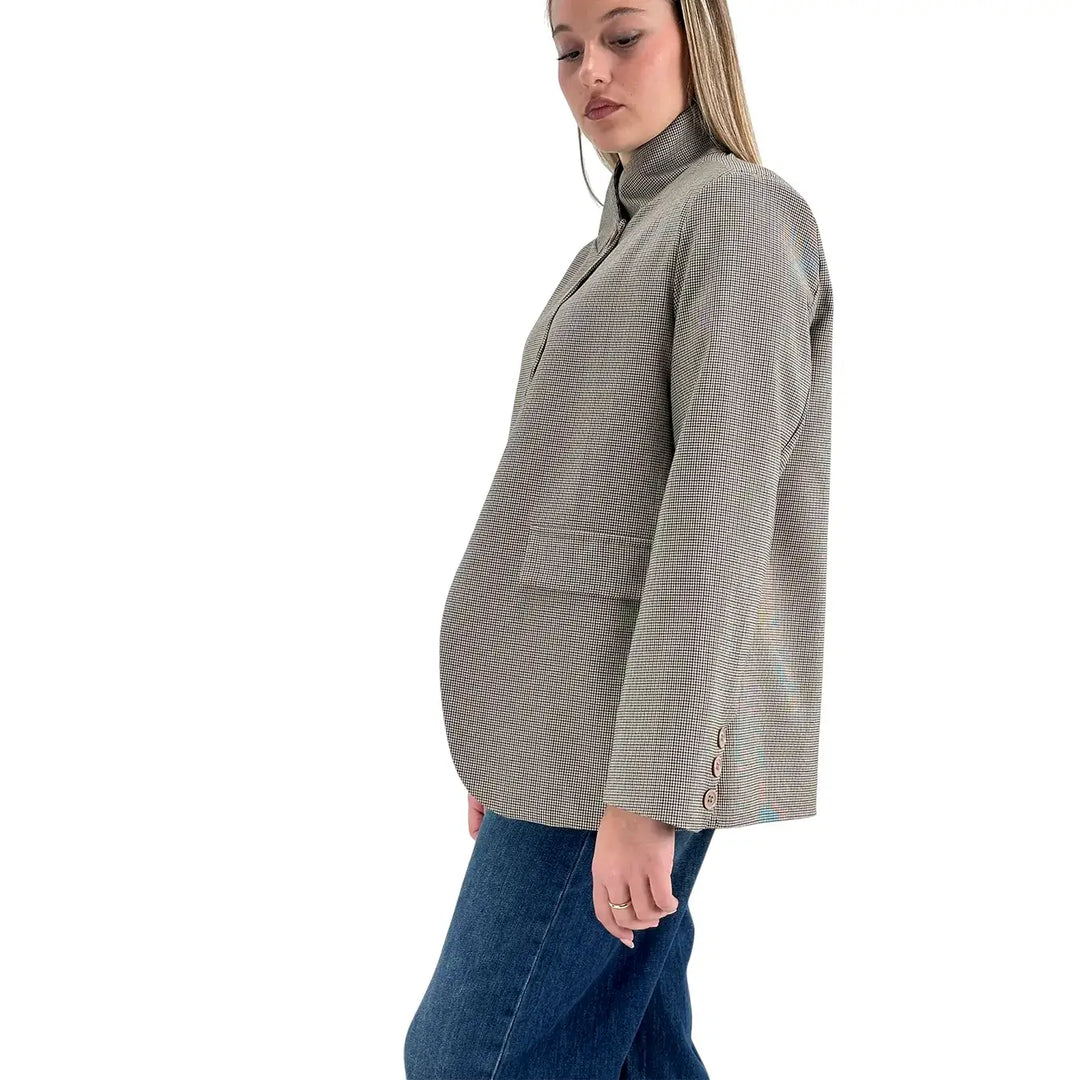 Bassini Giacca Donna Beige Pied de Poule con Chiusura Asimmetrica a Un Bottone e Tasche con Patta