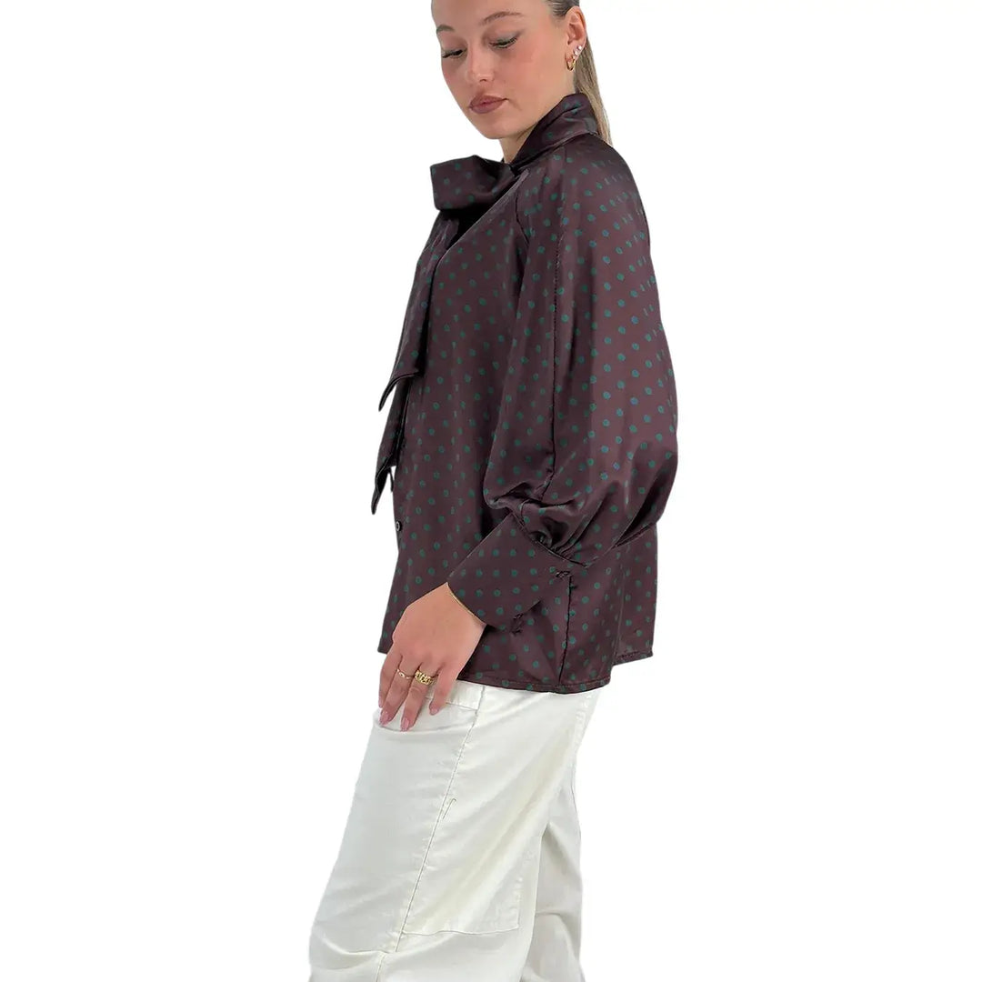 Bassini Camicia Donna Cioccolato con Pois Verdi, Maniche a Sbuffo e Collo con Fiocco