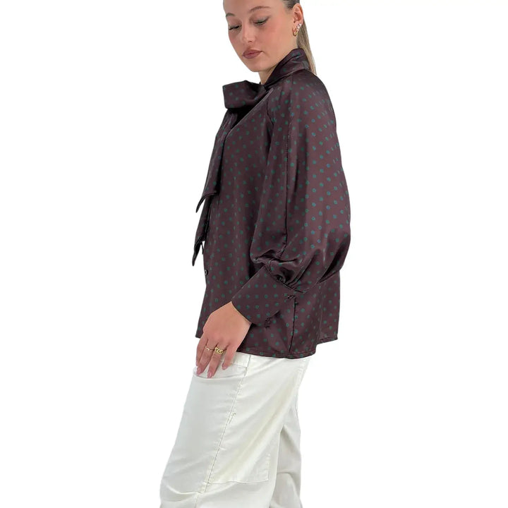 Bassini Camicia Donna Cioccolato con Pois Verdi, Maniche a Sbuffo e Collo con Fiocco