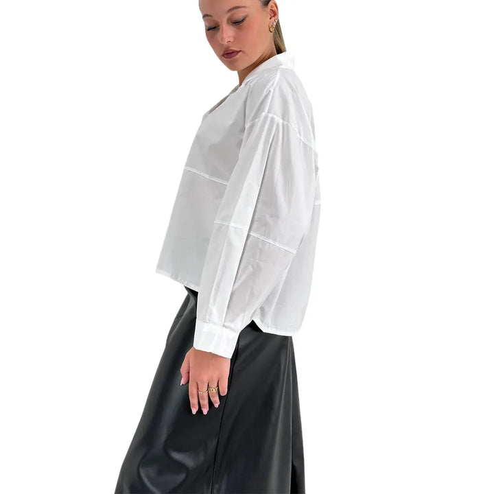 Bassini Camicia Donna Bianca in Cotone Oversize a Maniche Lunghe con Taglio Orizzontale