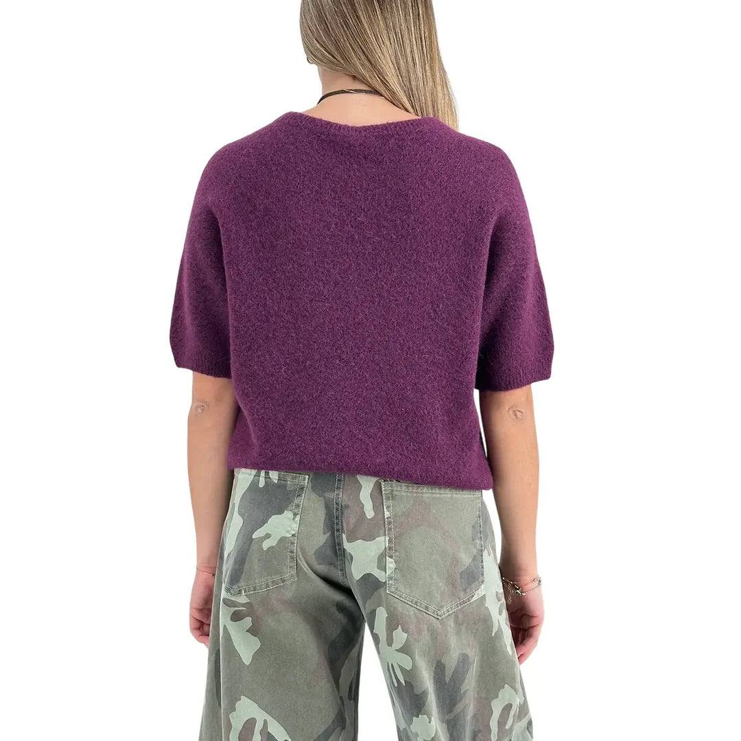 Bassini Maglia Donna Borgogna Girocollo Oversize con Maniche Corte Raglan e Orlo a Costine