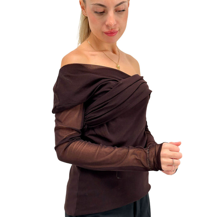 Meimeij Maglia Donna, Spalle Scoperte, Manica Trasparente, Bordeaux