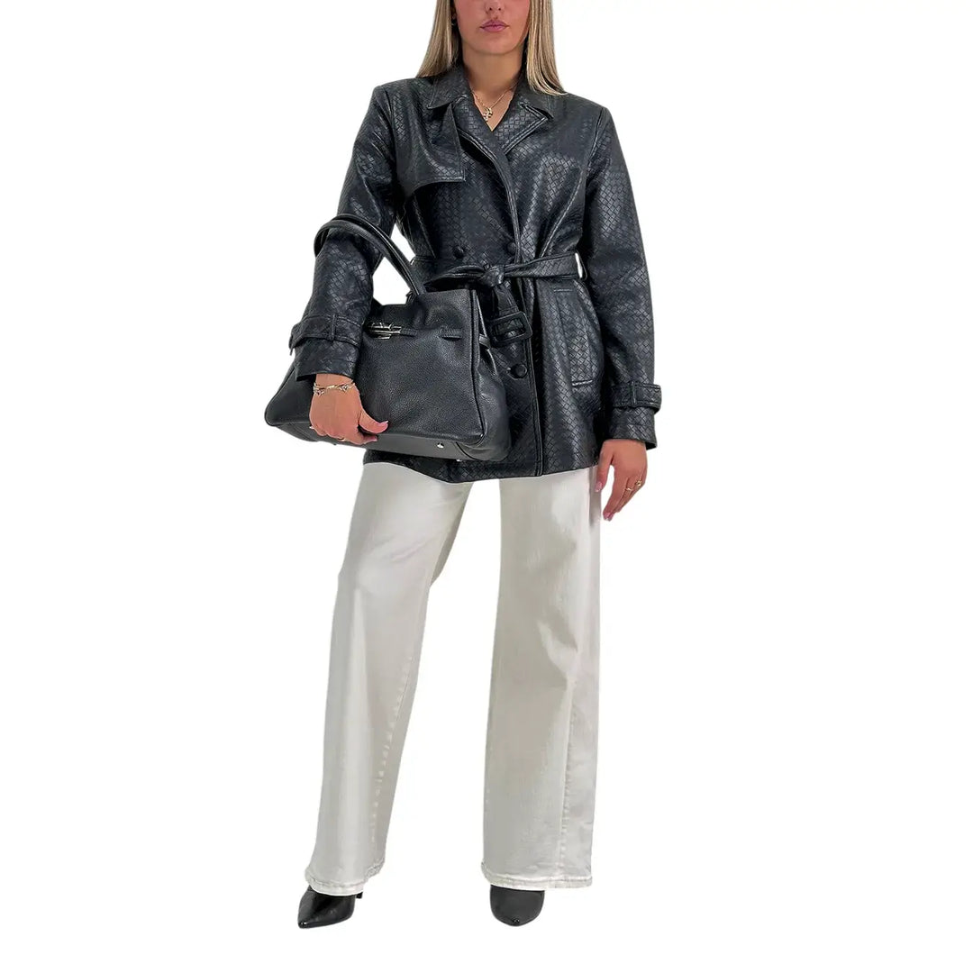 Bassini Trench Donna Nero in Ecopelle Effetto Intreccio Doppiopetto con Cintura da Annodare