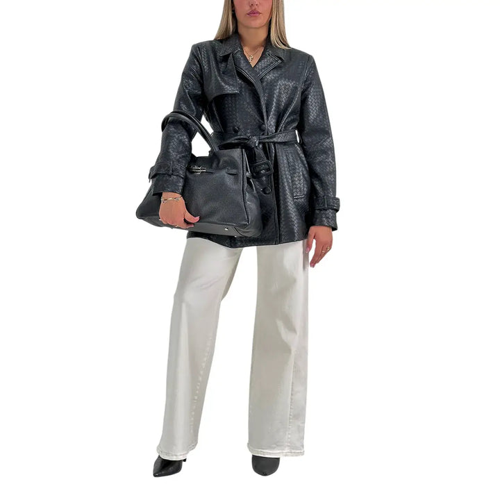 Bassini Trench Donna Nero in Ecopelle Effetto Intreccio Doppiopetto con Cintura da Annodare