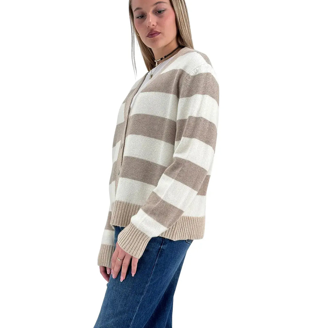Bassini Cardigan Donna Beige Latte e Cipria a Righe con Cinque Bottoni e Coste Cammello