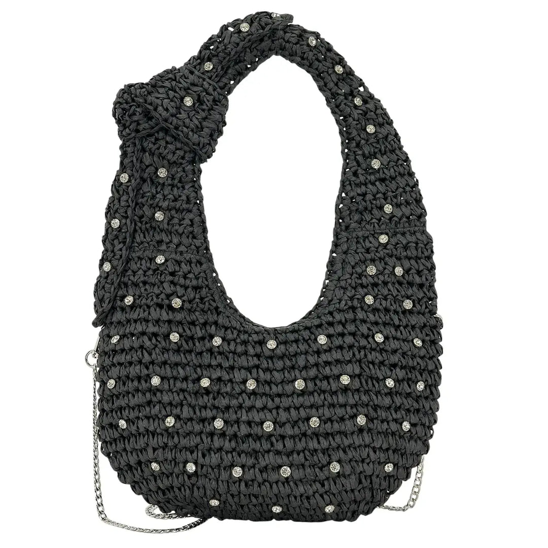 Bassini Borsa Donna in Rafia Nera a Spalla con Tracolla Catena Argento e Applicazioni Strass