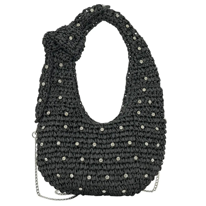 Bassini Borsa Donna in Rafia Nera a Spalla con Tracolla Catena Argento e Applicazioni Strass
