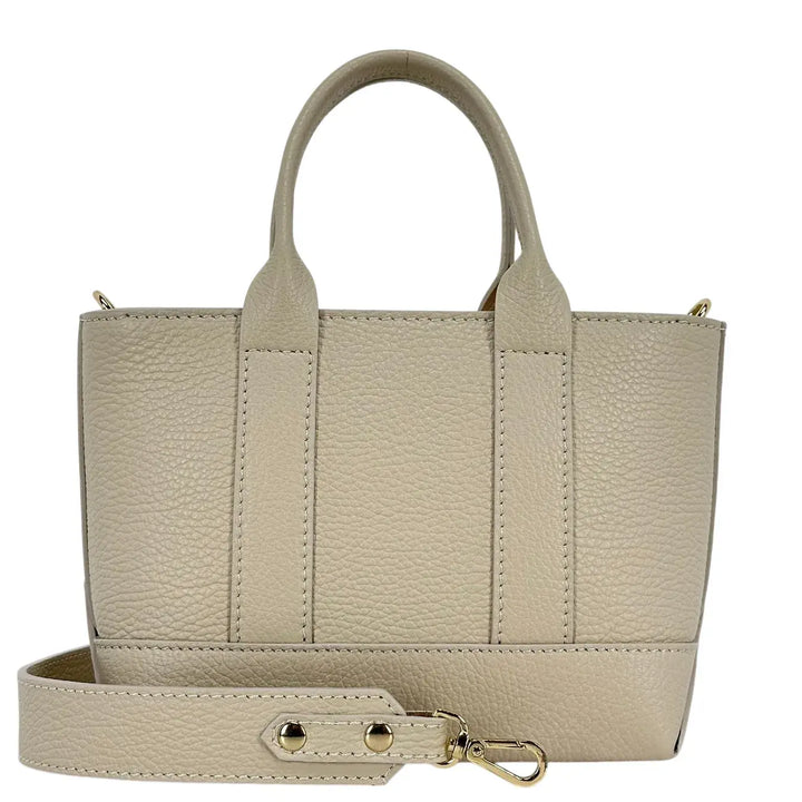 Bassini Borsa Donna Mini in Pelle Avorio con Due Manici e Tracolla Intercambiabile