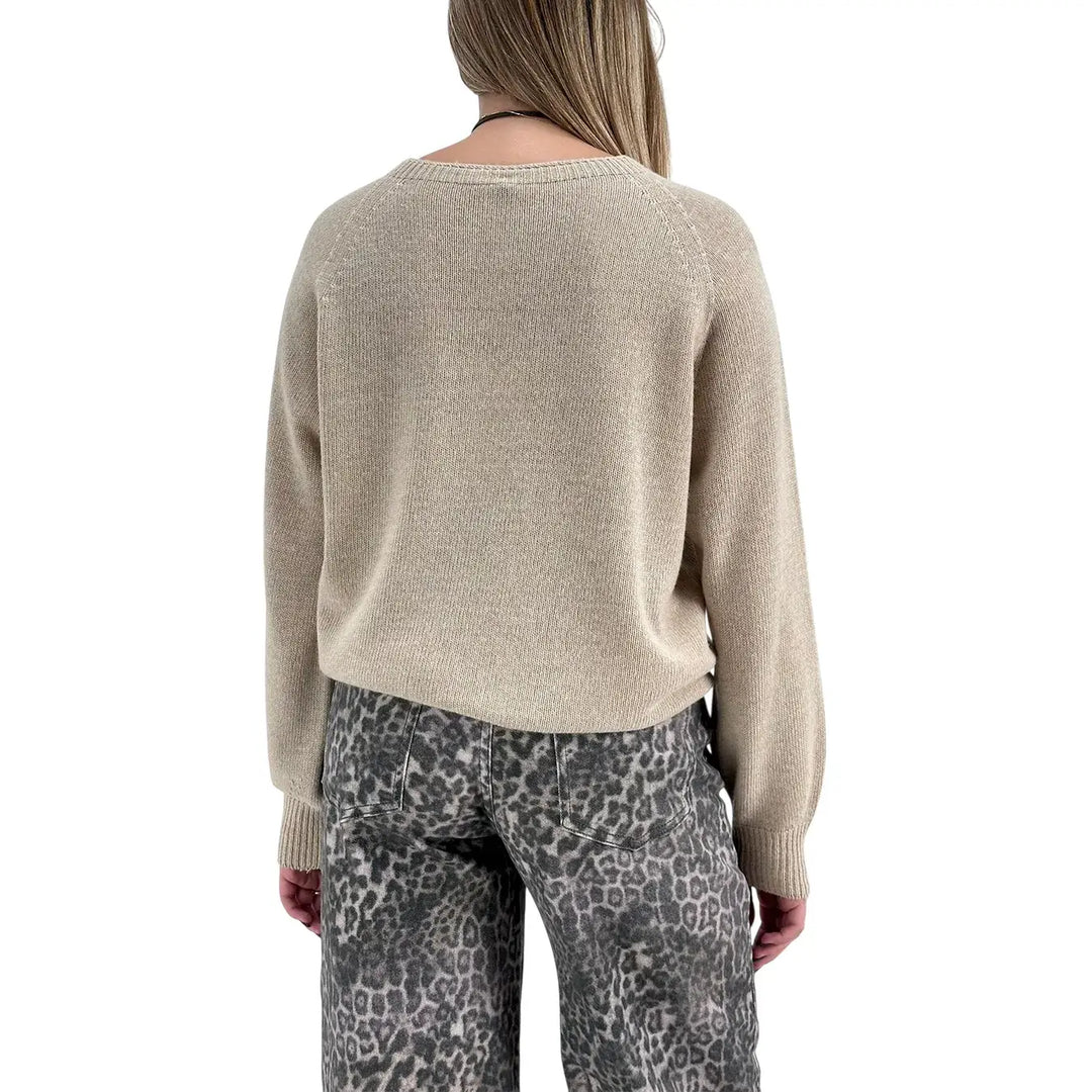 Bassini Maglia Donna Cammello Girocollo Oversize con Maniche Raglan e Orlo a Costine