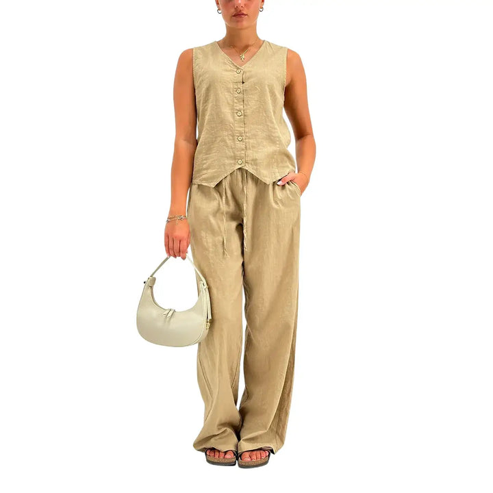 Bassini Camicia Donna Fango Smanicata in Lino e Cotone con Bottoni e Collo a V