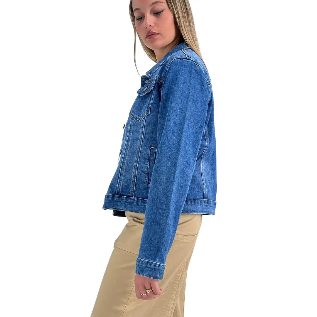 Bassini Giubbotto Donna Blu Medio Trucker in Denim di Cotone Elasticizzato