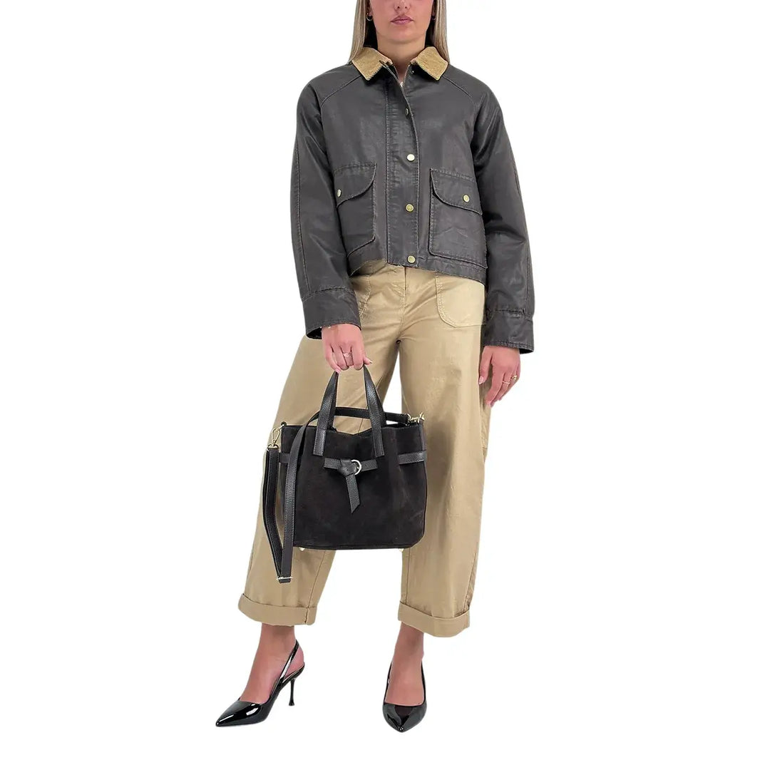 Bassini Giacca Donna Marrone Effetto Cerato Crop con Collo in Velluto Beige e Imbottitura