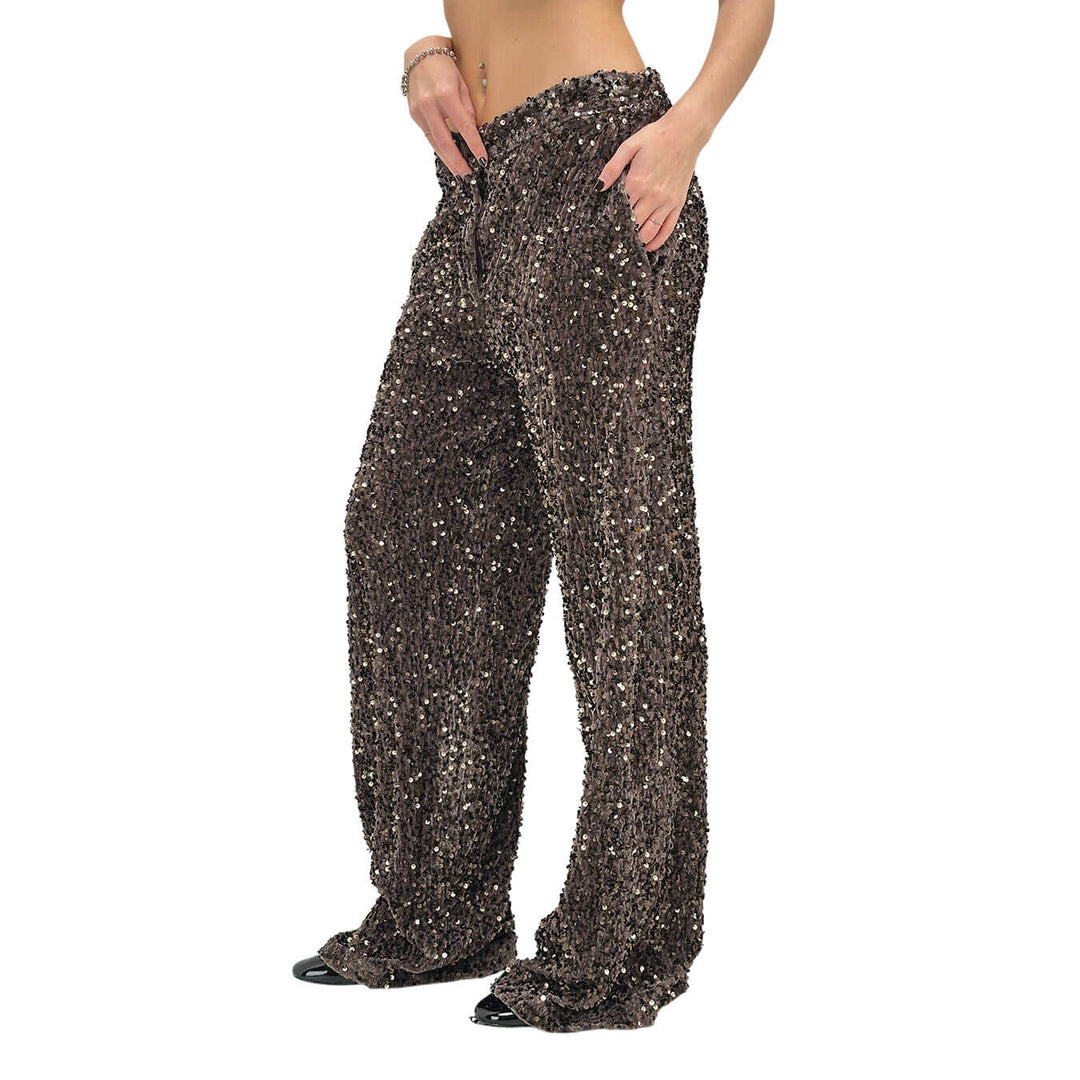 Motel Pantaloni Donna, Full Paillettes e Lurex, Svasato, Marrone