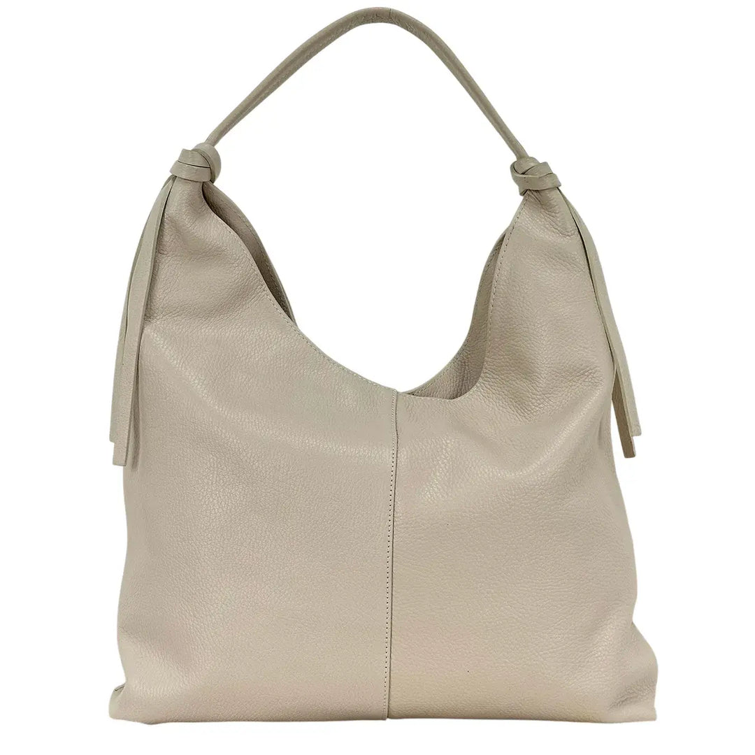 Bassini Borsa Donna Sacca in Pelle Avorio con Spallaccio e Chiusura Zip con Tasche Interne