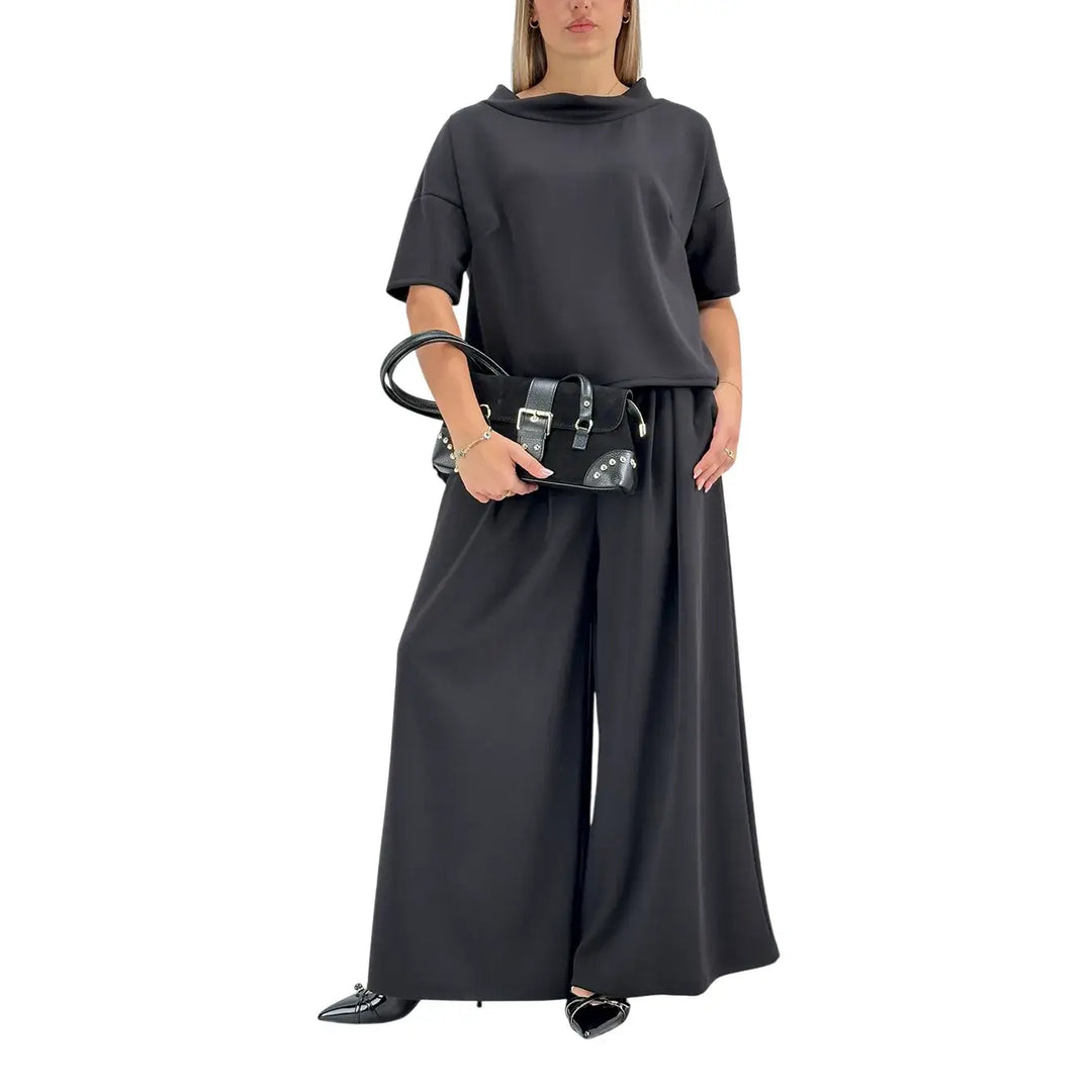 Bassini Pantaloni Donna Neri in Felpa Palazzo Over con Pince ed Elastico in Vita